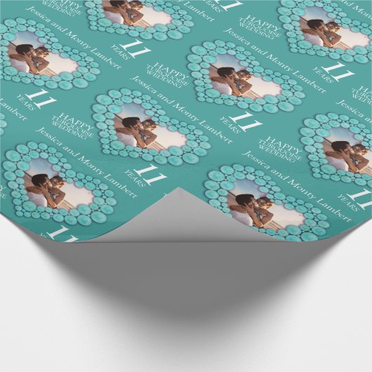 11e trouwdag turkooise hartfoto cadeaupapier (Hoek)