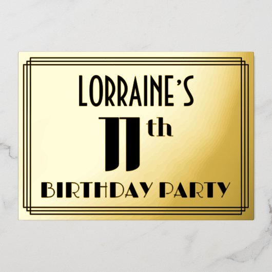11e verjaardag: Art Deco Kijk "11" en naam Folie Uitnodiging (Voorkant)