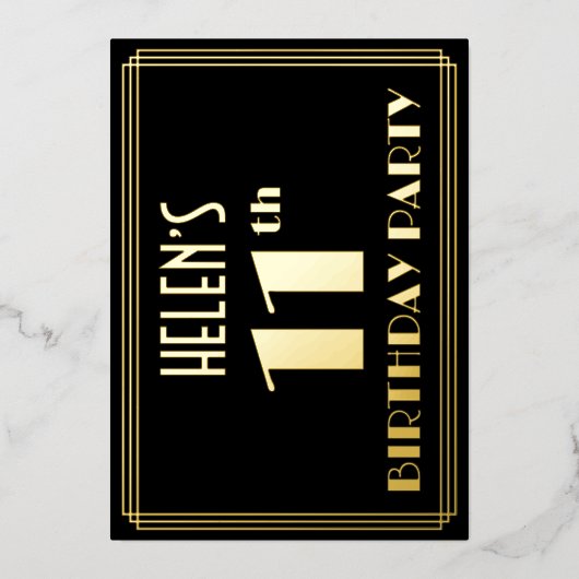 11e verjaardag: Art Deco Kijk "11", met naam Folie Uitnodiging (Voorkant)