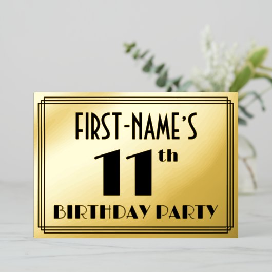 11e verjaardag — Art Deco Kijk "11" + Naam Folie Uitnodiging (Staand Voorkant)