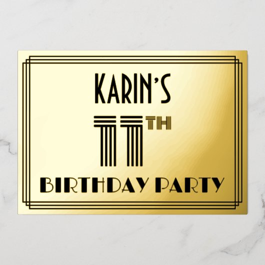 11e verjaardag — Art Deco Style "11" en naam Folie Uitnodiging (Voorkant)