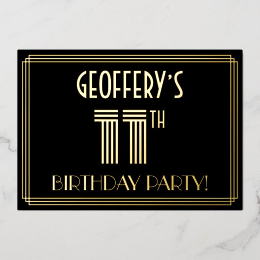 11e verjaardag — Art Deco Style "11" + Naam Folie Uitnodiging (Voorkant)