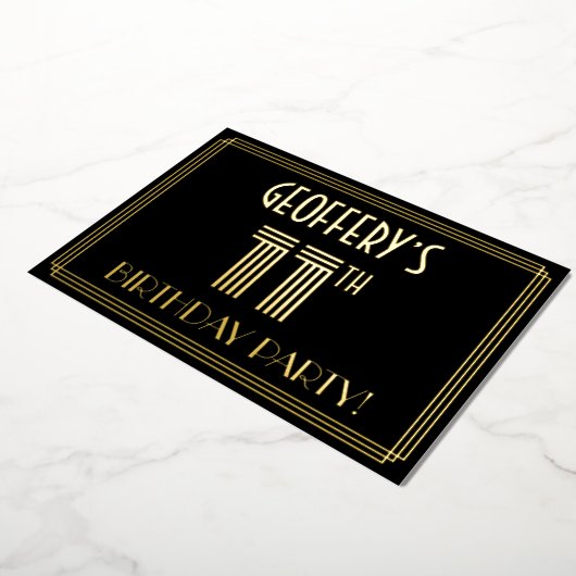 11e verjaardag — Art Deco Style "11" + Naam Folie Uitnodiging (Gedraaid)