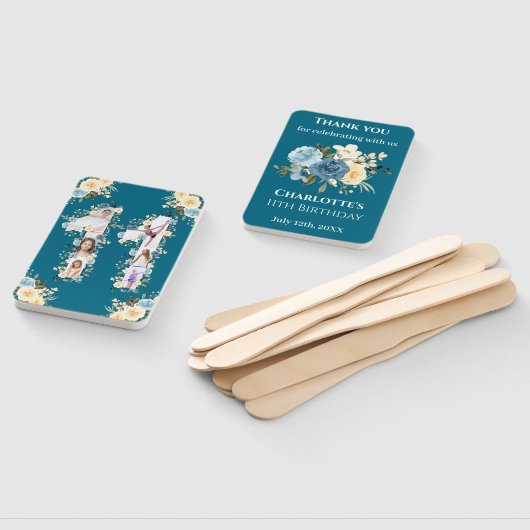 11e verjaardag Blauwgroen bloem Foto Collage Yello Handwaaier (Niet-gemonteerd)