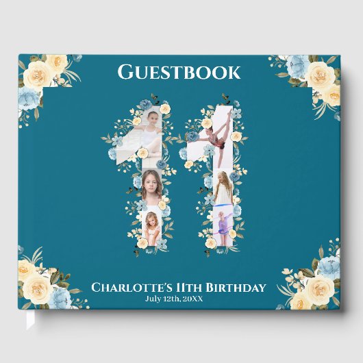 11e verjaardag Blauwgroen Foto Collage Yellow Flow Gastenboek (Voorkant)