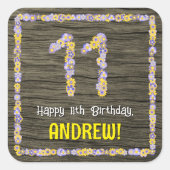 11e verjaardag: Bloemennummer, Faux Wood Look, Naa Vierkante Sticker (Voorkant)