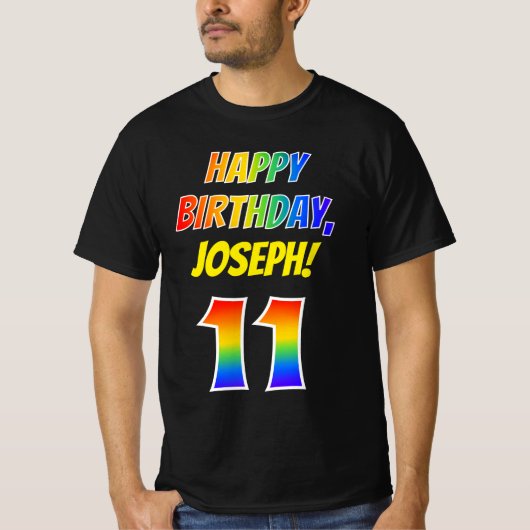 11e Verjaardag - Bold, Fun, Rainbow 11, Custom Nam T-shirt (Voorkant)