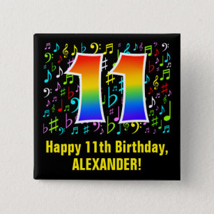 11e verjaardag: Colorful Music Symbols, Rainbow 11 Vierkante Button 5,1 Cm