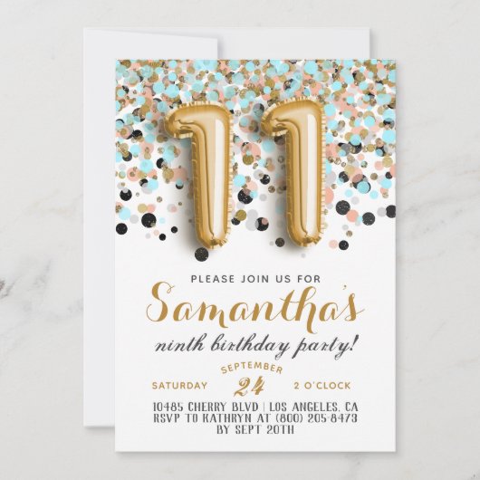 11e Verjaardag Confetti Invitation Kaart (Voorkant)
