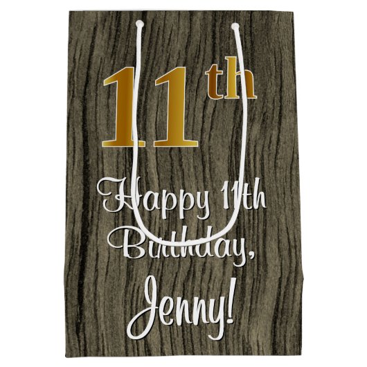 11e verjaardag: Elegant Faux Gold Look #, Faux Woo Medium Cadeauzakje (Achterkant)