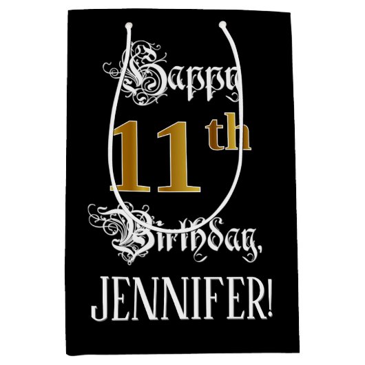 11e verjaardag ~ Fancy script; Faux Gold look; naa Medium Cadeauzakje (Voorkant)