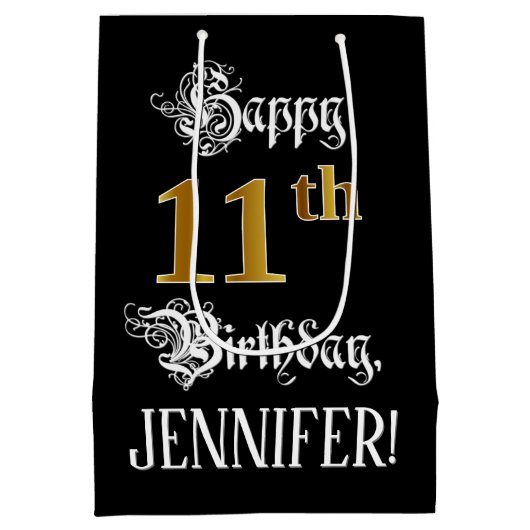 11e verjaardag ~ Fancy script; Faux Gold look; naa Medium Cadeauzakje (Achterkant)