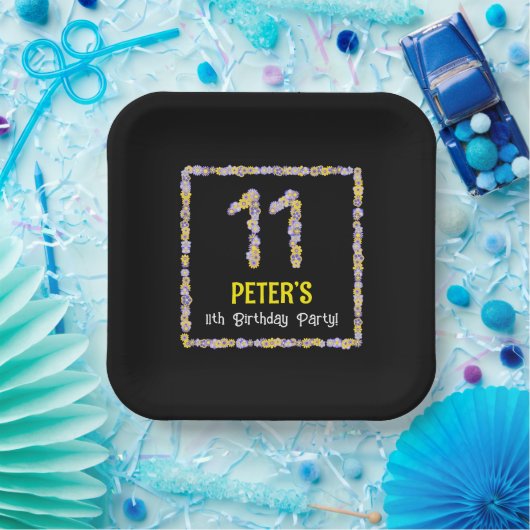 11e verjaardag: Floral Flowers Number, Custom Name Papieren Bordje (Feest)
