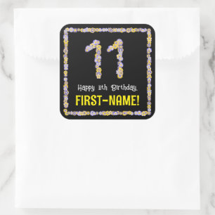 11e verjaardag: Floral Flowers Number, Custom Name Vierkante Sticker