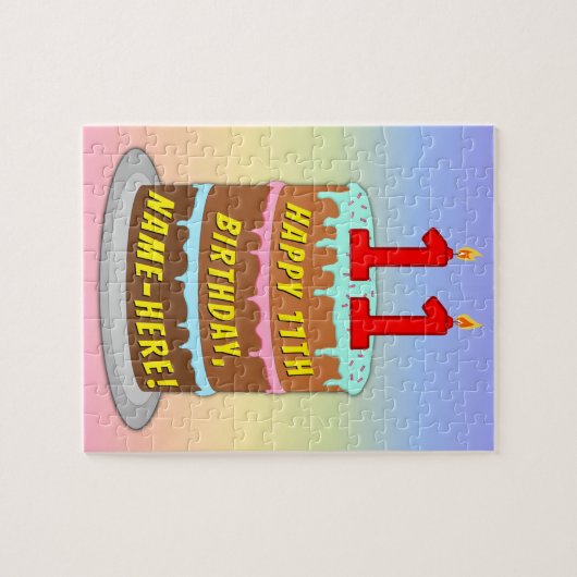 11e verjaardag: Fun Cake and Candles + Custom Name Legpuzzel (Horizontaal)