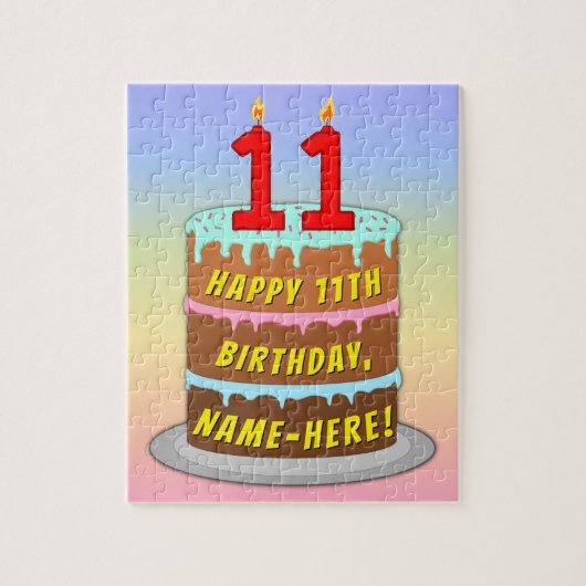 11e verjaardag: Fun Cake and Candles + Custom Name Legpuzzel (Verticaal)