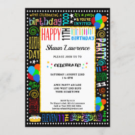 11e Verjaardag Fun Kleur Crazy Text op Black Party Kaart