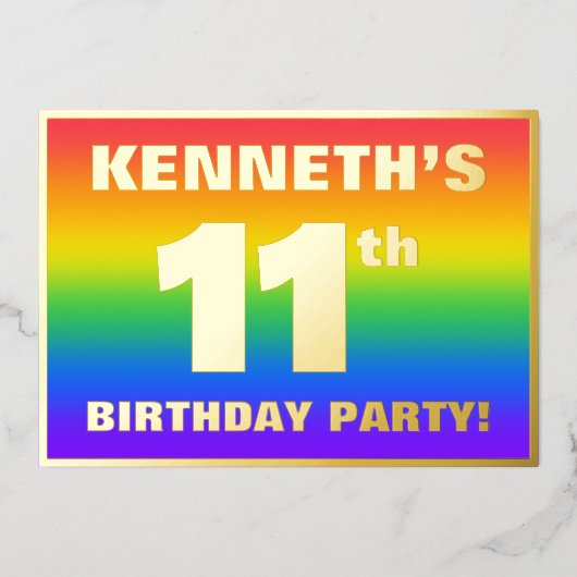 11e verjaardag: Fun, kleurrijk regenboogpatroon Folie Uitnodiging (Voorkant)