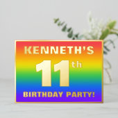 11e verjaardag: Fun, kleurrijk regenboogpatroon Folie Uitnodiging (Staand Voorkant)