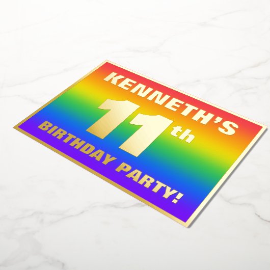 11e verjaardag: Fun, kleurrijk regenboogpatroon Folie Uitnodiging (Gedraaid)