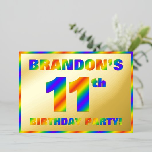 11e verjaardag - Fun, regenboogspectrum "11" Folie Uitnodiging (Staand Voorkant)