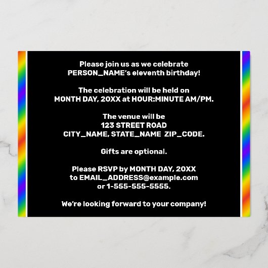 11e verjaardag - Fun, regenboogspectrum "11" Folie Uitnodiging (Achterkant)