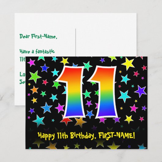 11e verjaardag: Fun sterren patroon, Regenboog 11, Briefkaart (Voorkant / Achterkant)