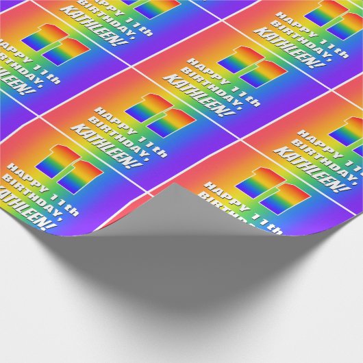 11e verjaardag: kleurrijk, vun regenboogpatroon # cadeaupapier (Hoek)