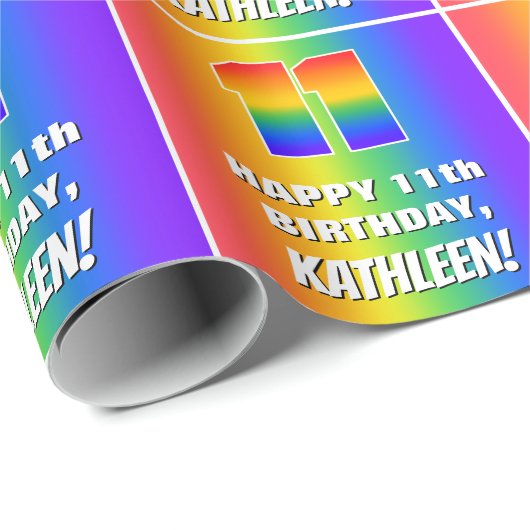 11e verjaardag: kleurrijk, vun regenboogpatroon #  cadeaupapier (Rol Hoek)