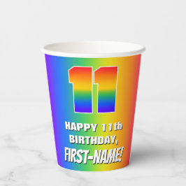 11e verjaardag: kleurrijk, vun regenboogpatroon # papieren bekers