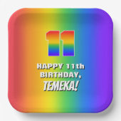 11e verjaardag: kleurrijk, vun regenboogpatroon #  papieren bordje (Voorkant)