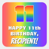 11e verjaardag: kleurrijk, vun regenboogpatroon # vierkante sticker (Voorkant)