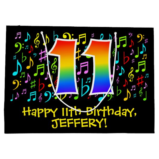 11e verjaardag - Kleurrijke muzieksymbolen, Rainbo Groot Cadeauzakje (Achterkant)