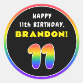 11e verjaardag: kleurrijke regenboog # 11, Naam va Ronde Sticker (Voorkant)