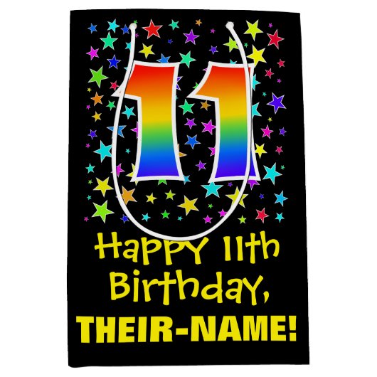 11e verjaardag: Kleurrijke Sterren Patroon & Regen Medium Cadeauzakje (Voorkant)