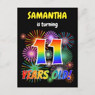 11e verjaardag - Leuk vuurwerk, regenbooglook "11" Briefkaart