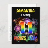11e verjaardag - Leuk vuurwerk, regenbooglook "11" Briefkaart (Voorkant / Achterkant)