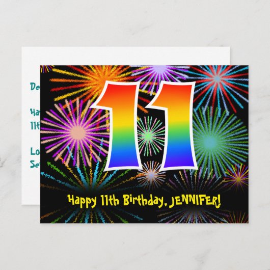 11e verjaardag – Leuke vuurwerkpatroon + Regenboog Briefkaart (Voorkant / Achterkant)