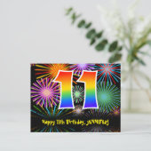 11e verjaardag – Leuke vuurwerkpatroon + Regenboog Briefkaart (Staand voorkant)