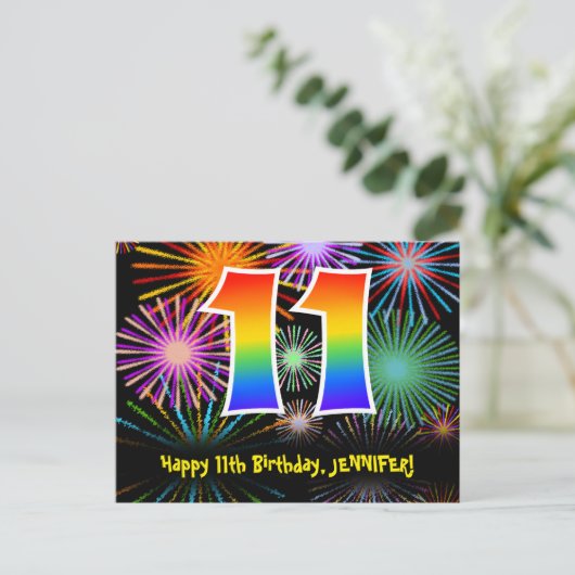 11e verjaardag – Leuke vuurwerkpatroon + Regenboog Briefkaart (Staand voorkant)