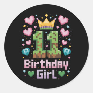 11e Verjaardag Meisje Shirt Gaming Pixel Party 11  Ronde Sticker