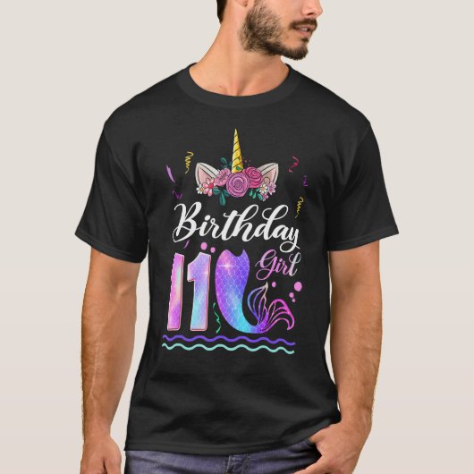 11e verjaardag meisje Unicorn Mermaid 11 jaar oud T-shirt (Voorkant)