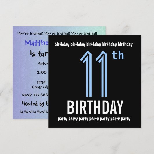 11e verjaardag Modern Blue en Black W690 Kaart (Voorkant / Achterkant)