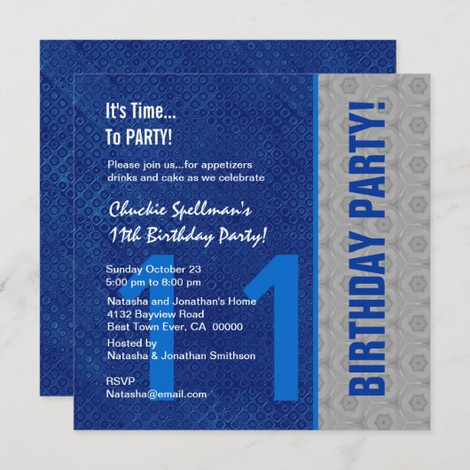 11e verjaardag Modern Blue en Silver S307B Kaart (Voorkant / Achterkant)