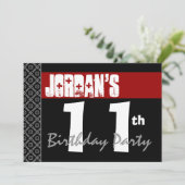 11e verjaardag Moderne Red Black en White Kaart (Staand voorkant)