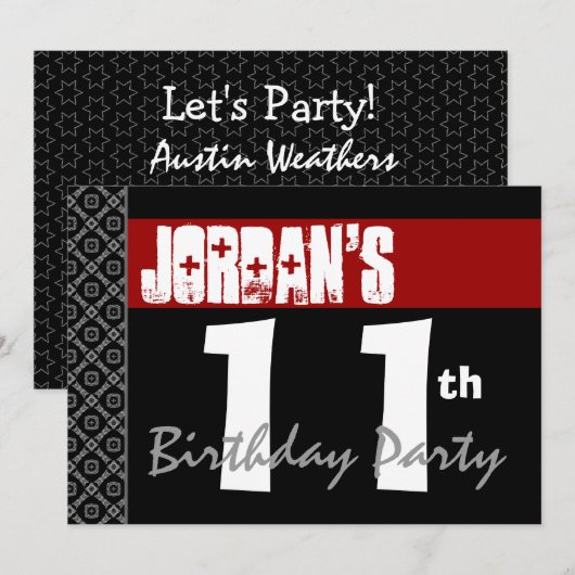 11e verjaardag Moderne Red Black en White Kaart (Voorkant / Achterkant)