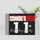 11e verjaardag Moderne Red Black en White Kaart (Staand voorkant)