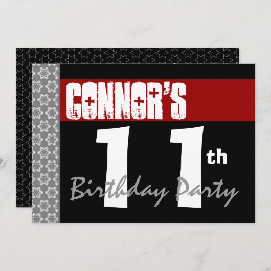 11e verjaardag Moderne Red Black en White Kaart (Voorkant / Achterkant)