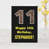 11e verjaardag: Naam, Faux Wood Grain Patroon "11" Kaart (Gele Bloem)