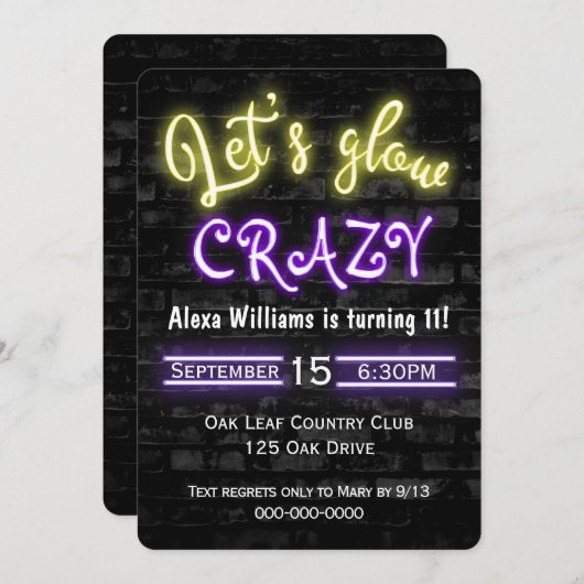 11e verjaardag Neon Glow Sign on Brick Wall I Kaart (Voorkant / Achterkant)
